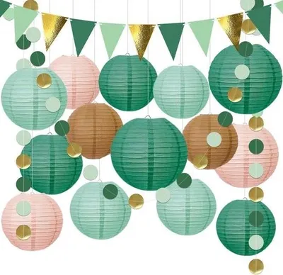 Produktbild von Grüne Papierlaterne und Elfenornamente im Set – perfekt für Hochzeiten, Gartenpartys und Geburtstagsfeiern – 16 wiederverwendbare Teile