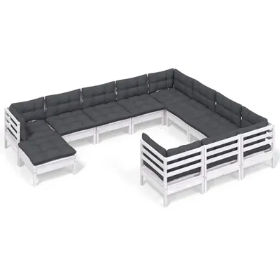 Produktbild von 11-tlg. Garten-Lounge-Set mit Kissen Weiß Kiefernholz