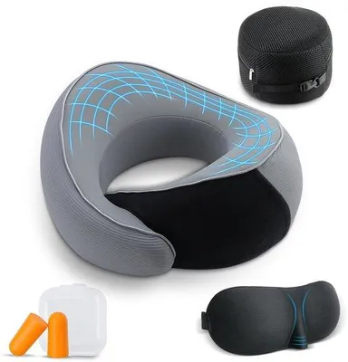Produktbild von Unyqoos® Reisekissen aus Memory-Schaum – 360° Nackenstütze, atmungsaktiver Baumwollbezug mit Magnettherapie-Gewebe, inkl. Augenmaske, Ohrstöpsel & Reisetasche