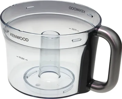 A clear, studio shot of a food processor bowl with a handle.
