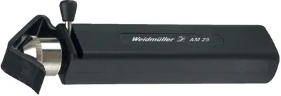 A black wire stripping tool with silver metal components is shown against a white background.