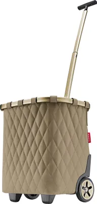 A beige quilted shopping trolley with a gold telescopic handle and black wheels, shown against a white background.