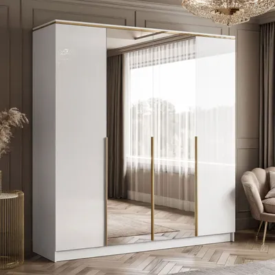 Produktbild von Drehtürenschrank mit Spiegel AURORA 4D in Hochglanz Weiß mit Gold Chrom Griffe
