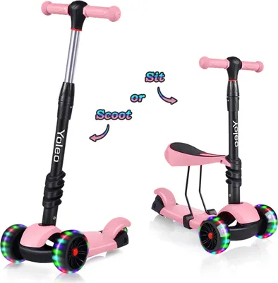 Produktbild von Yoleo Kinderroller mit abnehmbarem Sitz, LED-Rädern, höhenverstellbarem Lenker für Kleinkinder ab 2 Jahren (Farbe: Pink)