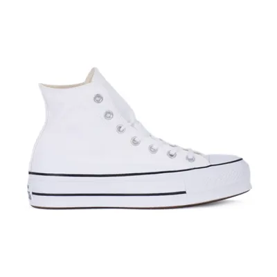 A white high-top sneaker with a platform sole is shown against a white background.