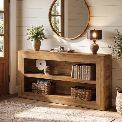 Produktbild von Tribesigns 160 cm Konsolentisch aus Holz, schmaler langer Eingangstisch mit 2-stöckigen offenen Ablagen für Eingang, Flur, Foyer, Wohnzimmer