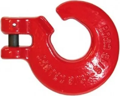 A red metal hook with a clevis attachment.