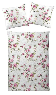 Produktbild von Designette Bettwäsche Interlock Jersey - rosa Blumen auf weißem Hintergrund 135 x 200 cm rosa Blüten auf weißem Hintergrund