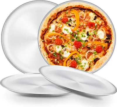 Produktbild von Pizzablech, Rund Pizzaform 26cm Edelstahl Pizza Backblech 4 Stück für Backofen Backen – Ungiftig＆Gesund, Einfach zu Reinigen＆Spülmaschinenfest