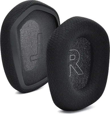 Two black ear pads for headphones, one labeled 'L' and the other 'R'.
