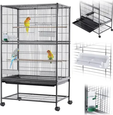 Obrázok produktu pre Voliéra pre vtáky KADAX 79 x 52 x 133 cm, klietka pre vtáky na kolieskach s hniezdami, miskami na kŕmenie a dávkovačom vody, kovový domček pre vtáky, klietka pre andulky, klietka pre papagáje