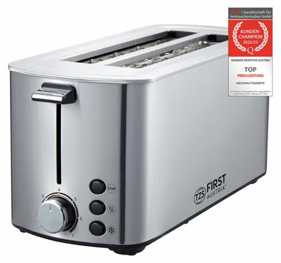 Produktbild von TZS First Austria Toaster Langschlitz, Edelstahl, 4 Scheiben, 1400W, mit abnehmbarem Brötchenaufsatz, Krümelschublade, Toast-Zentrierung, Anti-Fingerprint Beschichtung