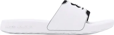 A single white Under Armour slide sandal shown from the side on a white background.