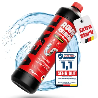 A bottle of VEXIL Rohrreiniger is shown with water splashing around it, and a test rating badge.