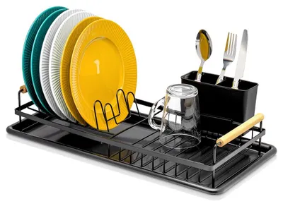Produktbild von Vilde | Geschirrabtropfgestell Schwarz - 50x25 cm - Metall - mit Besteckhalter