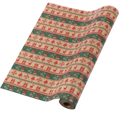 Productafbeelding van Kerstdecoratie: rol cadeaupapier, 43 cm x 15 meter, bruin kraftpapier met kerstmanmotief
