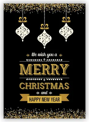 Produktbild von 4x Edle schwarze Weihnachtskarte mit Weihnachtskugeln und gold Glitter Optik: We wish you a merry christmas and happy new year