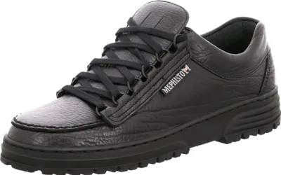 A black leather Mephisto shoe is shown from a side-angle against a white background.