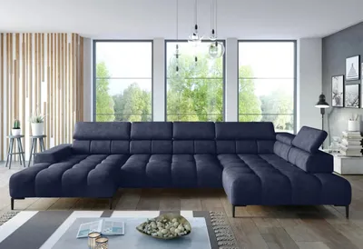 Produktbild von DOMO-HOME Ecksofa PLAZA XL mit elektrischer Relax-Funktion 385x216cm | Modernes Design| Hochwertige Verarbeitung| Verstellbare Kopfstützen| Farbe dunkelblau Solar| Rechts