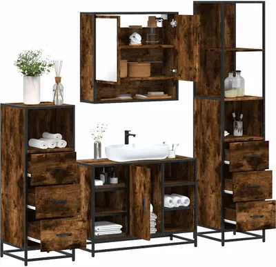 Produktbild von Eleganter Möbel 4-tlg. Badmöbel-Set Räuchereiche Holzwerkstoff - Badezimmerschränke - 131962