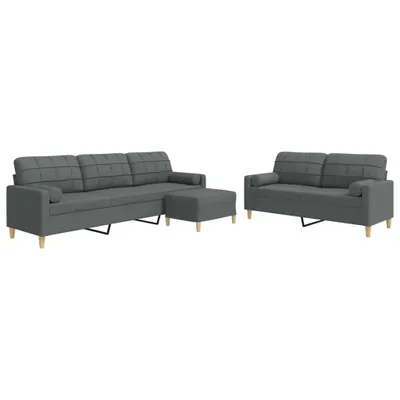Produktbild von 3-tlg. Sofagarnitur mit Fußhocker & Dekokissen Dunkelgrau Stoff