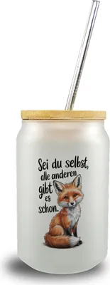 Produktbild von Neugieriger Fuchs Trinkglas mit Bambusdeckel Spruch sei du selbst
