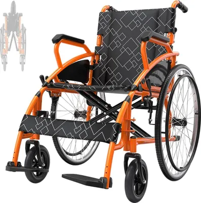 Obrázok produktu pre Prepravný invalidný vozík, prenosný dizajn, nastaviteľné opierky rúk, oranžová farba