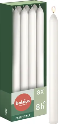 Produktbild von Bolsius Glatte Stabkerzen - Weiß - 8 Stück im Karton - 23 x 2 cm - Länge Brennda