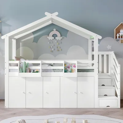Productafbeelding van Stapelbed - 90 x 200 cm, wit en groen, fluweel en MDF, met valbeveiliging, met kledingkast, met opbergruimte