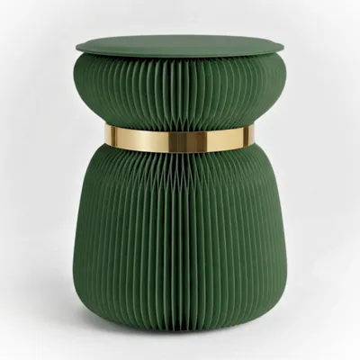 Produktbild von Papierhocker Klapphocker faltbar aus Papier Ø 36x42cm Klappstuhl Hocker klappbar Beistelltisch rund Barhocker Tritthocker Klavierhocker Grün Gold