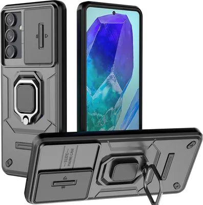 Produktbild von Hülle für Samsung Galaxy M55 Dual Layer Handyhülle Schiebe Kamera Schutz und Ringhalter Ständer Schwarz