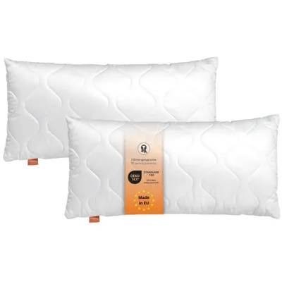 Two white pillows are shown on a white background. One pillow is in front of the other, slightly to the right. A label is attached to the front pillow.