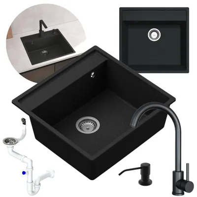 Produktbild von Granmaster Magma Granitspülbecken Komplett-Set Schwarzer Edelstahl-Armatur, Siphon, Seifenspender – 1-komoriger Spülbecken kratzfest hitzebeständig