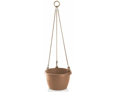A hanging planter pot suspended by strings against a white background.