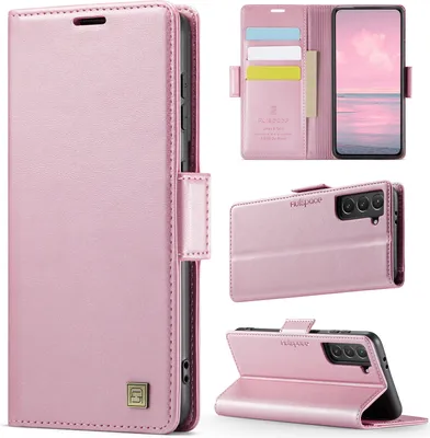 Produktbild von Lederhülle für Samsung Galaxy S22 5G, RFID Schutz Handyhülle mit Magnetverschluss, Kartenfächern und Ständer Pink