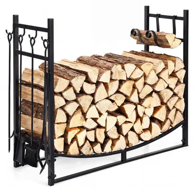 Productafbeelding van COSTWAY Houtrek voor kachel met kachelaccessoires, houtopslagrek voor binnen en buiten, houtstapelrek met haken, 85 x 33 x 77 cm, zwart