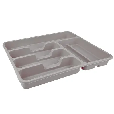 A gray plastic cutlery organizer with multiple compartments.