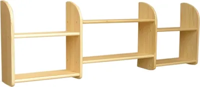 A wooden wall shelf with three sections, displayed against a white background.
