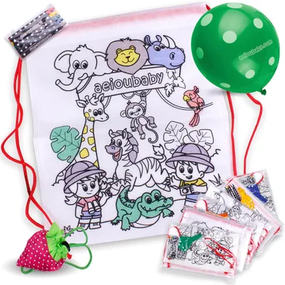 Productafbeelding van 25 Rugzakken om in te kleuren + Herbruikbare draagtas | 25 Individuele zakjes met 5 wax kleurpotloden en ballon