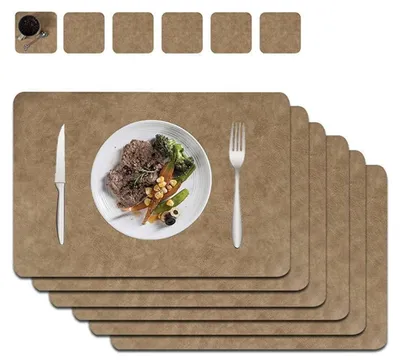 Zdjęcie produktu dla Zestaw 6 podkładek pod talerze, 45 x 30 cm, dwuwarstwowe, nadające się do prania, w zestawie podkładki pod kubki imitujące skórę