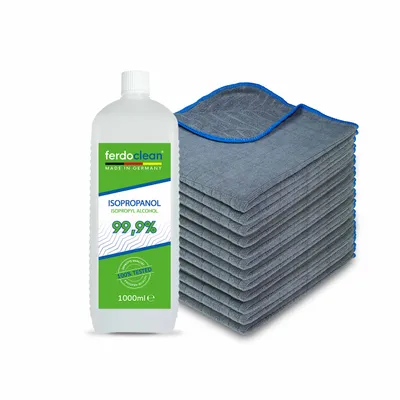 Produktbild von ferdoclean Isopropanol 99,9% 1L Isopropylalkohol (IPA) 2-Propanol + 12 x Microfasertücher 380GSM 40 x 40 cm blauer Rand