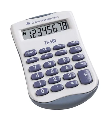 Produktbild von Texas Instruments TI-501, Tasche, Einfacher Taschenrechner, 8 Ziffern, Akku, Blau, Weiß