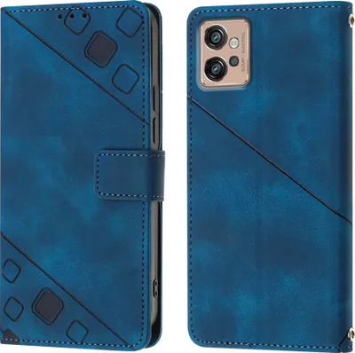 A blue leather flip wallet case for a Motorola Moto G32 phone, shown from the front and back.