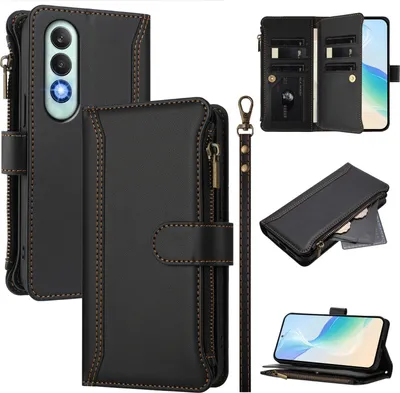 Obrázek produktu pro Pouzdro pro OnePlus Nord CE4/Oppo K12/K12 Plus, zipem, peněženkovéPolyuretankožené flip pouzdro s kapsami na karty, stojánkem a poutkem na ruku černý