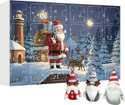 A Christmas advent calendar with numbered doors depicting a winter scene with Santa Claus, a lighthouse, and a reindeer. Three gnome plush toys are in the foreground.