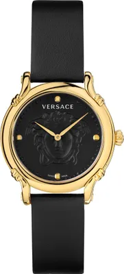 Produktbild von Versace VEPN00320 Safety Pin gold schwarz Leder Armband Uhr Damen NEU