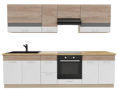 Produktbild von Küchenzeile 270 cm - ECONO A PLUS - Sonoma Eiche - Weiß Hochglanz - Arbeitsplatte Lancelot Eiche - Einbauküche mit Soft-Close - Metallbox Schubladen