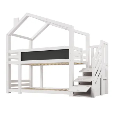Produktbild von Flieks Etagenbett 90x200cm Kinderbett mit Tafel, Hochbett mit Rausfallschutz, Hausbett mit Schubladentreppe, Massivholzbett mit Lattenrost für 2 Kinder, Weiß