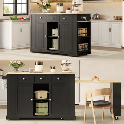 Immagine prodotto di Isola cucina mobile, dimensioni 138(213)x55x93 cm, con tavolo/bancone allungabile, 7 ruote, ripiani portaoggetti e ripiani regolabili.