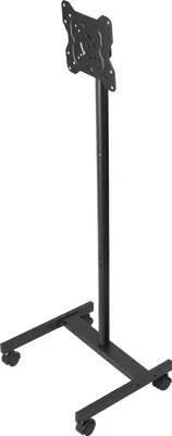 A black rolling TV stand on a white background.